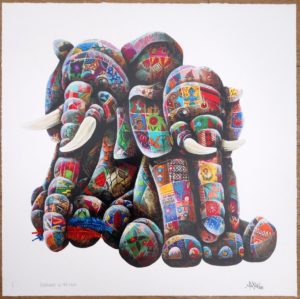 z LOUIS MASAI ELEPHUNKT IN THE WILD BINDI & FEATHERS HAND PAINTED EDITION OF 10